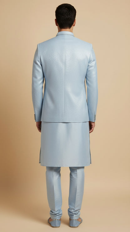 Pastel Blue Textured Kurta Set with Embroidered Bandhgala Jacket – Sophisticated Wedding Menswear