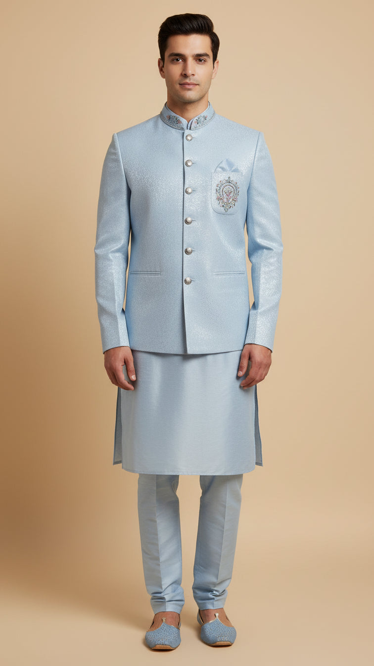 Pastel Blue Textured Kurta Set with Embroidered Bandhgala Jacket – Sophisticated Wedding Menswear