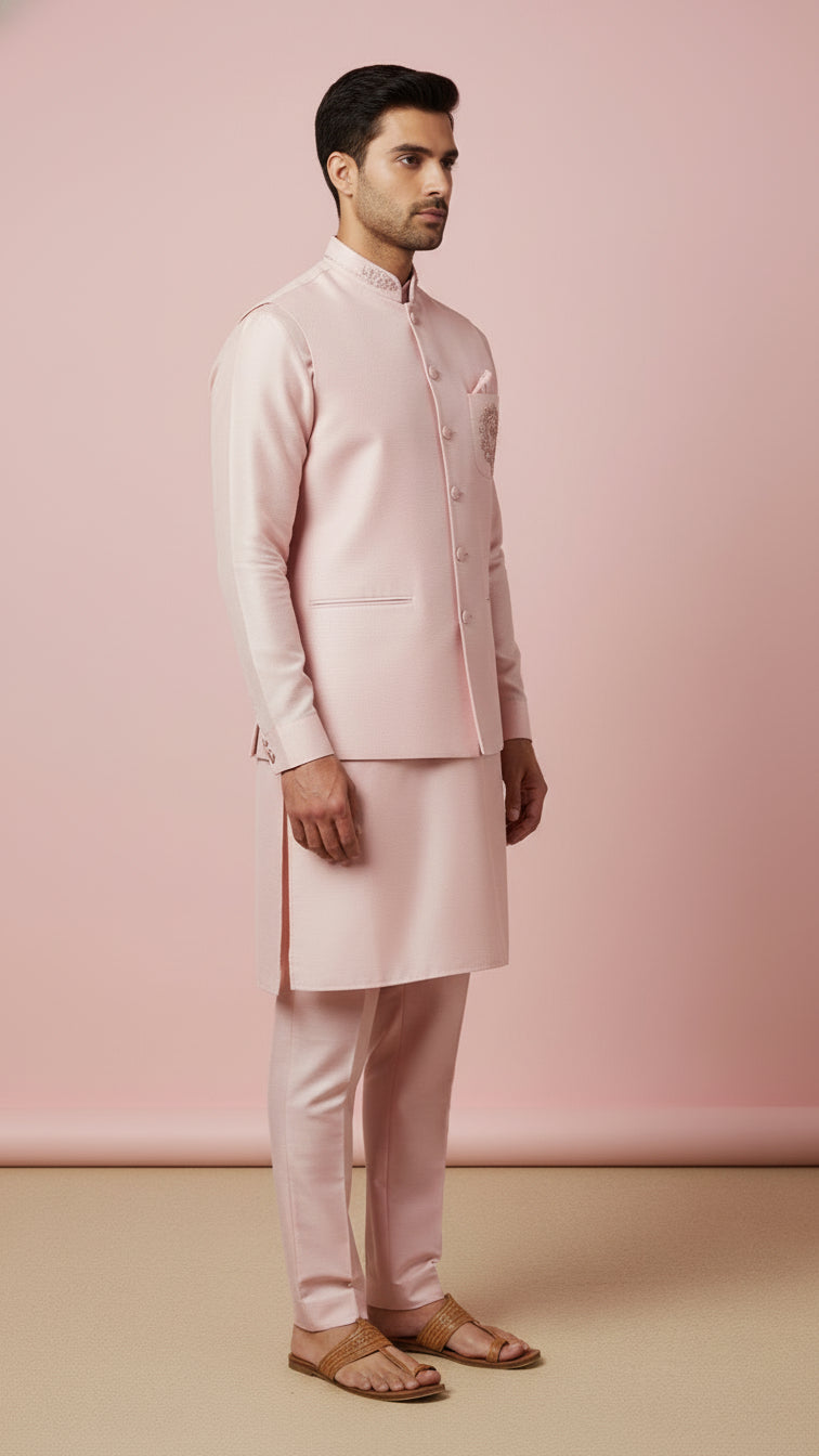 Blush Pink Kurta Set with Embroidered Bandhgala Jacket – Elegant Festive & Wedding Menswear