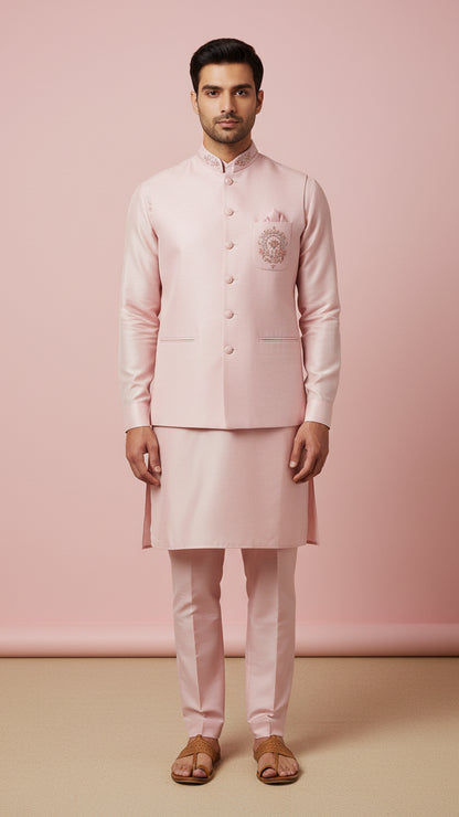 Blush Pink Kurta Set with Embroidered Bandhgala Jacket – Elegant Festive & Wedding Menswear