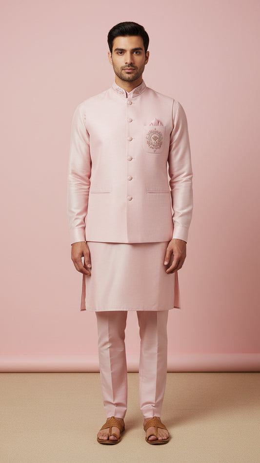 Blush Pink Kurta Set with Embroidered Bandhgala Jacket – Elegant Festive & Wedding Menswear