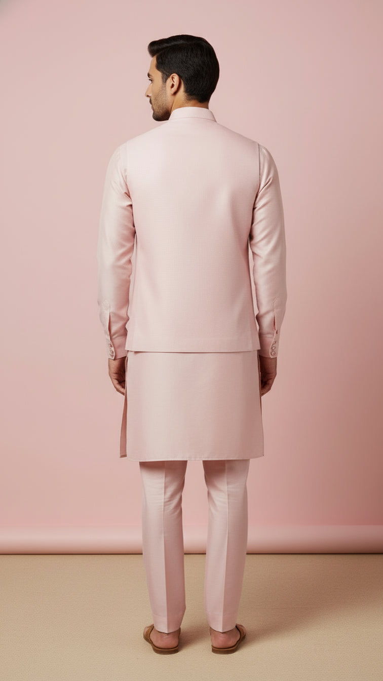 Blush Pink Kurta Set with Embroidered Bandhgala Jacket – Elegant Festive & Wedding Menswear