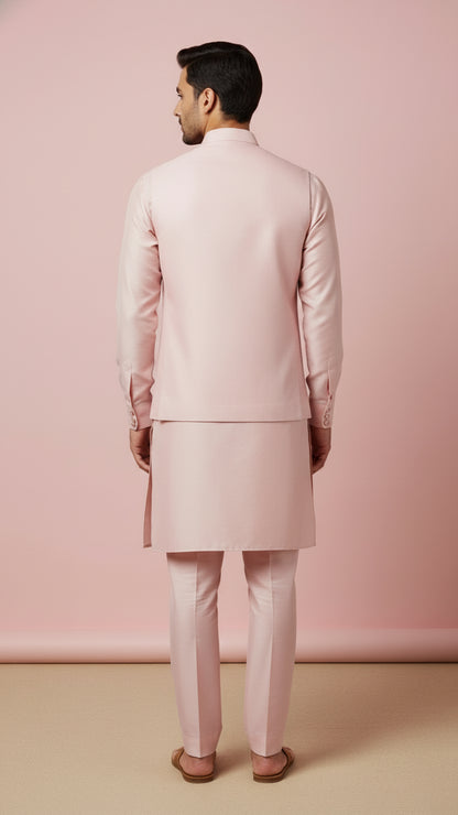 Blush Pink Kurta Set with Embroidered Bandhgala Jacket – Elegant Festive & Wedding Menswear