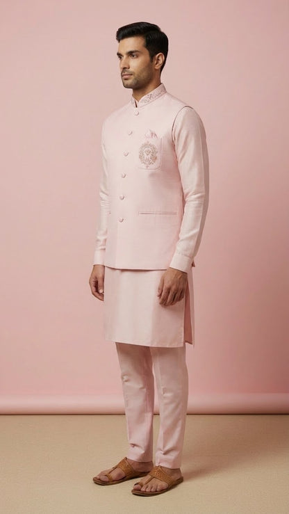 Blush Pink Kurta Set with Embroidered Bandhgala Jacket – Elegant Festive & Wedding Menswear