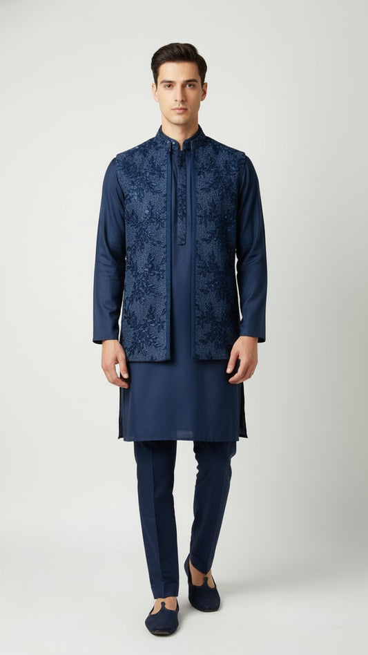 Navy Blue Kurta Set with Textured Embroidered Jacket – Classic Festive & Wedding Menswear