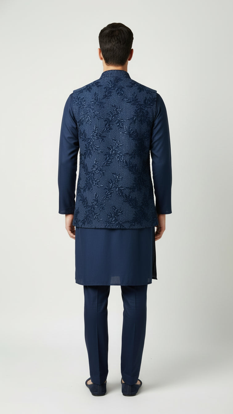 Navy Blue Kurta Set with Textured Embroidered Jacket – Classic Festive & Wedding Menswear