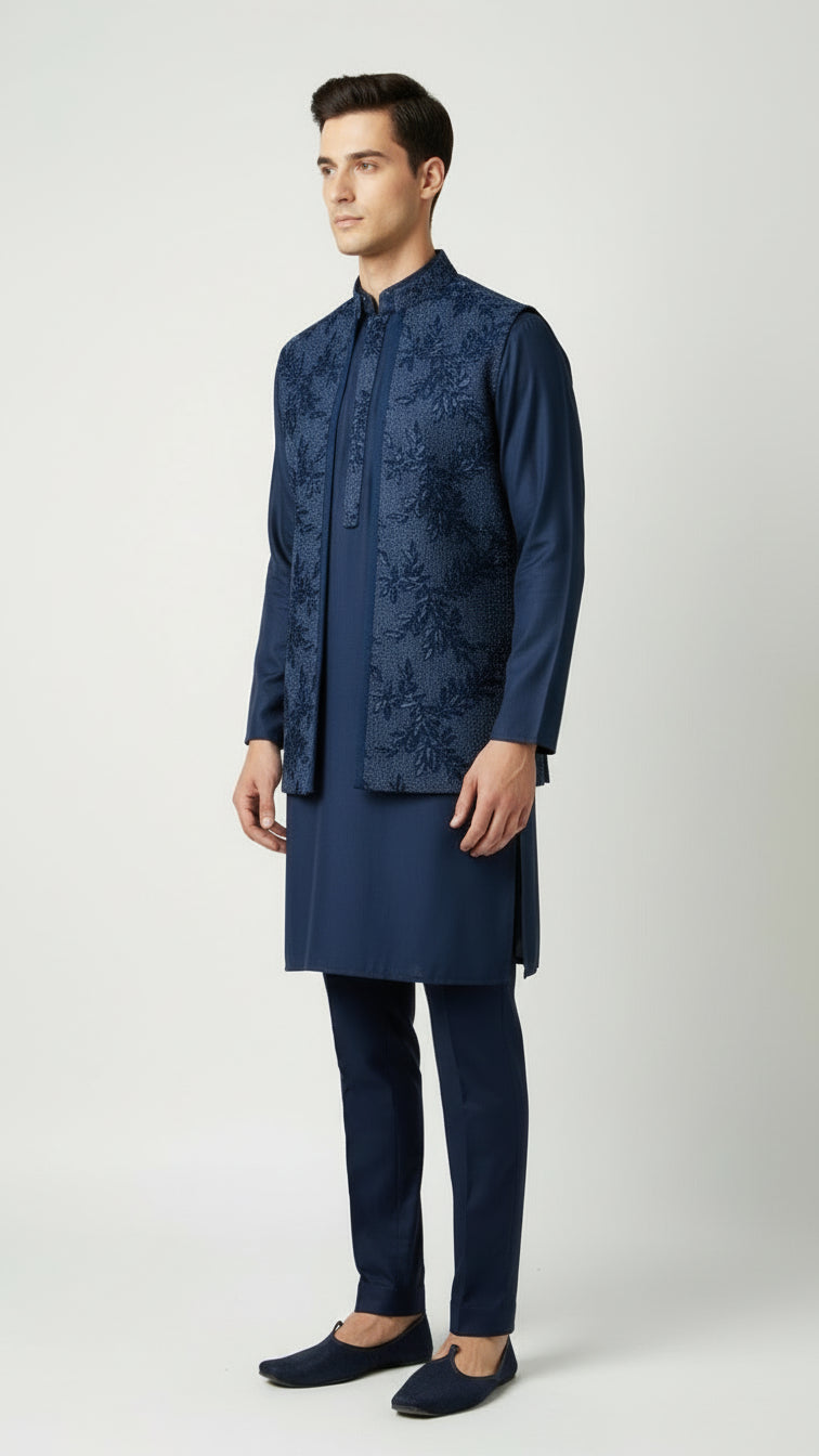 Navy Blue Kurta Set with Textured Embroidered Jacket – Classic Festive & Wedding Menswear
