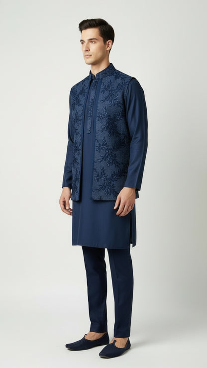 Navy Blue Kurta Set with Textured Embroidered Jacket – Classic Festive & Wedding Menswear