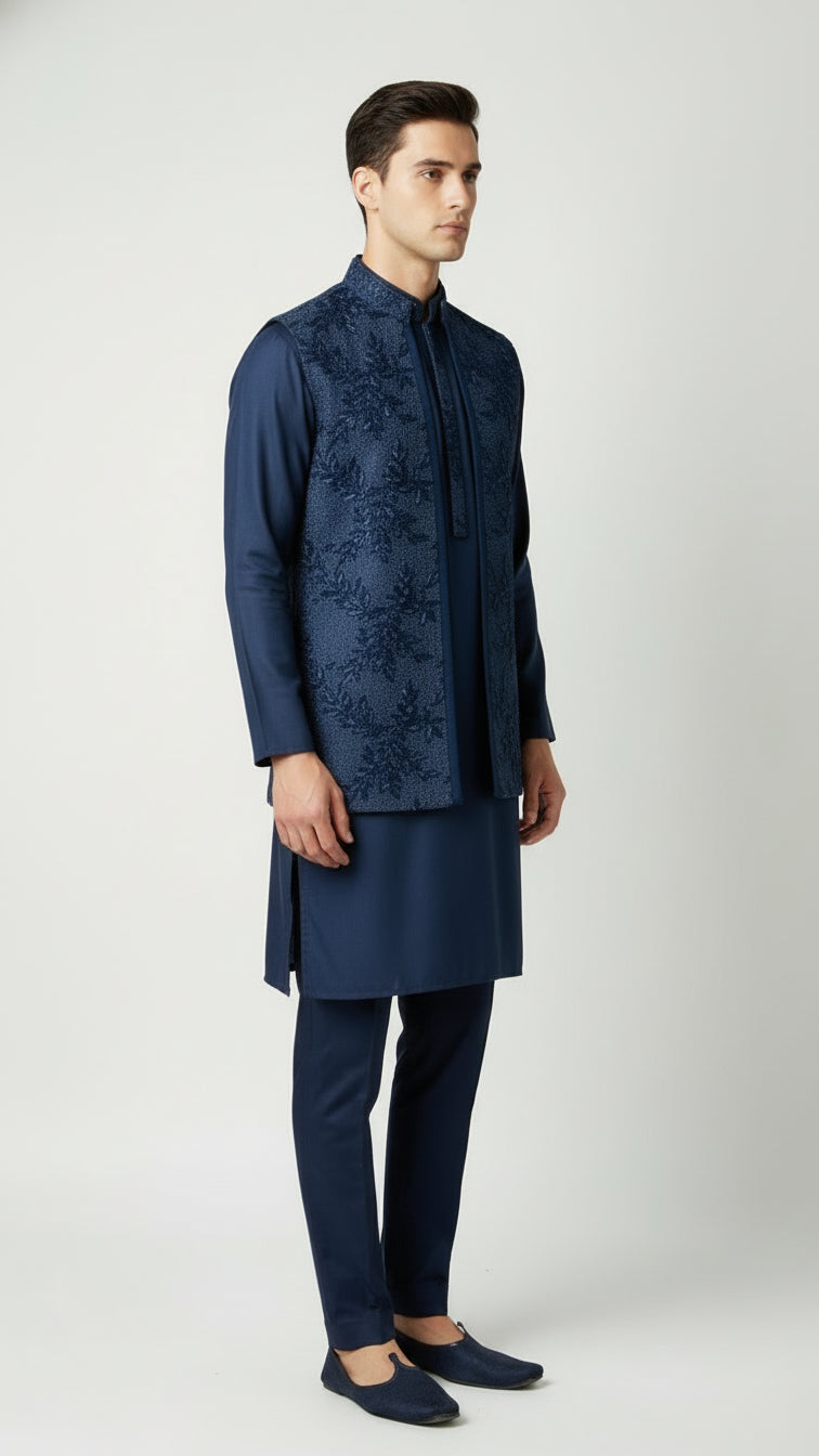 Navy Blue Kurta Set with Textured Embroidered Jacket – Classic Festive & Wedding Menswear