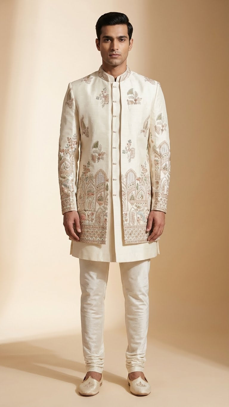 Ivory Embroidered Indo-Western Set with Intricate Multi-Thread Work – Premium Wedding & Festive Menswear
