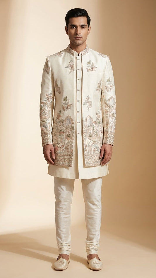 Ivory Embroidered Indo-Western Set with Intricate Multi-Thread Work – Premium Wedding & Festive Menswear