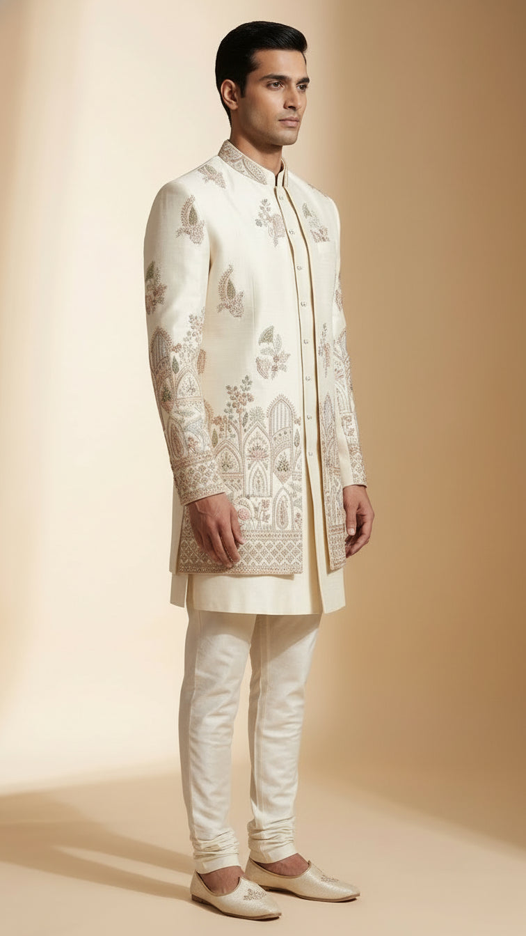 Ivory Embroidered Indo-Western Set with Intricate Multi-Thread Work – Premium Wedding & Festive Menswear