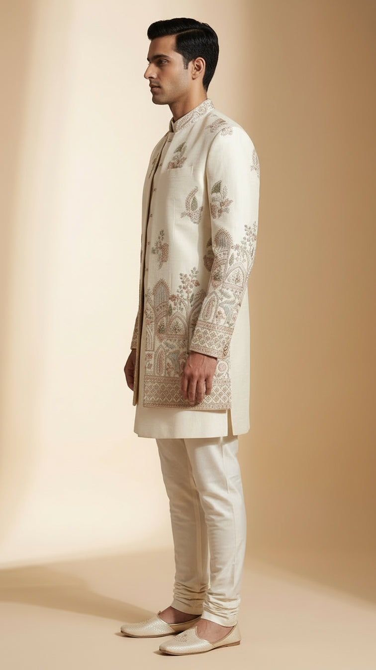 Ivory Embroidered Indo-Western Set with Intricate Multi-Thread Work – Premium Wedding & Festive Menswear