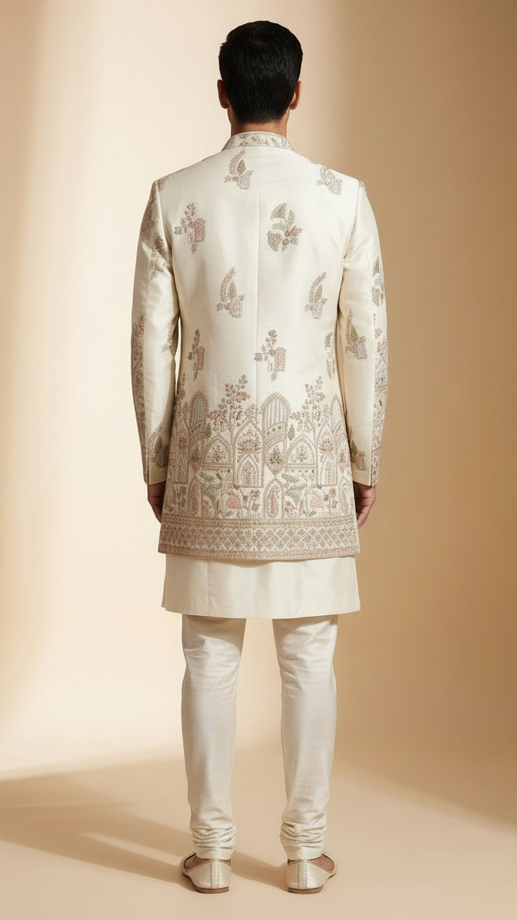 Ivory Embroidered Indo-Western Set with Intricate Multi-Thread Work – Premium Wedding & Festive Menswear