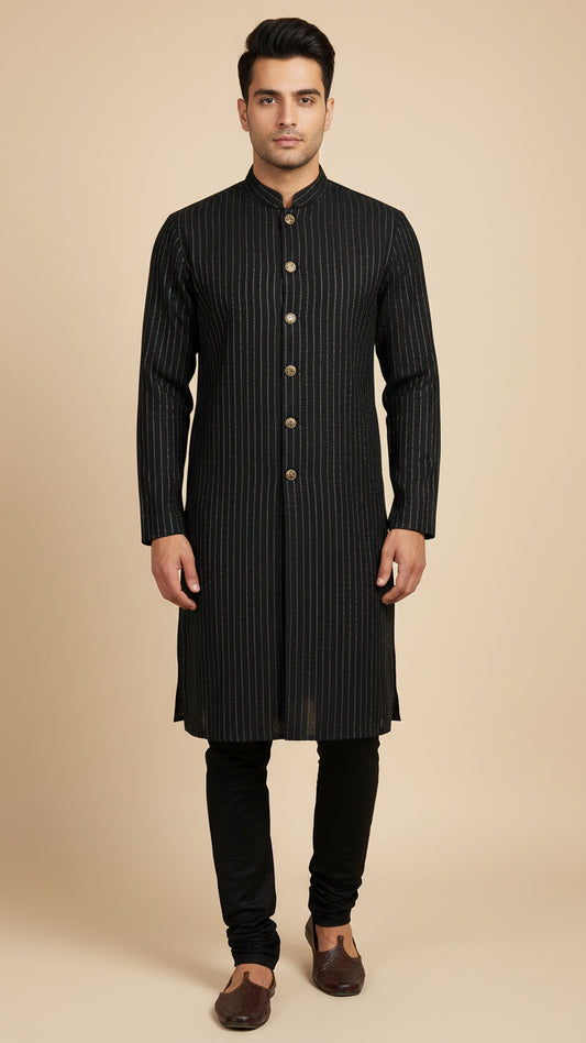Black Indo-Western Kurta Set with Metallic Pinstripes and Statement Buttons