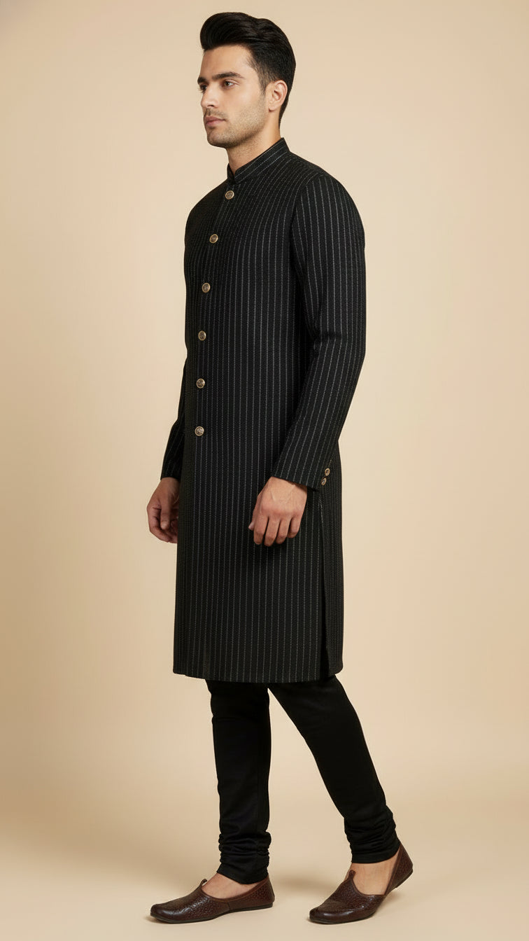 Black Indo-Western Kurta Set with Metallic Pinstripes and Statement Buttons