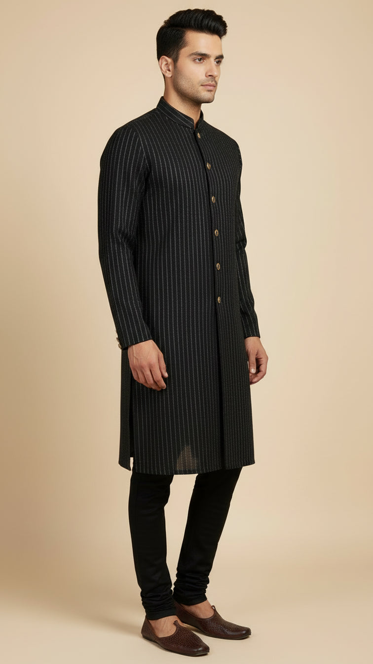 Black Indo-Western Kurta Set with Metallic Pinstripes and Statement Buttons