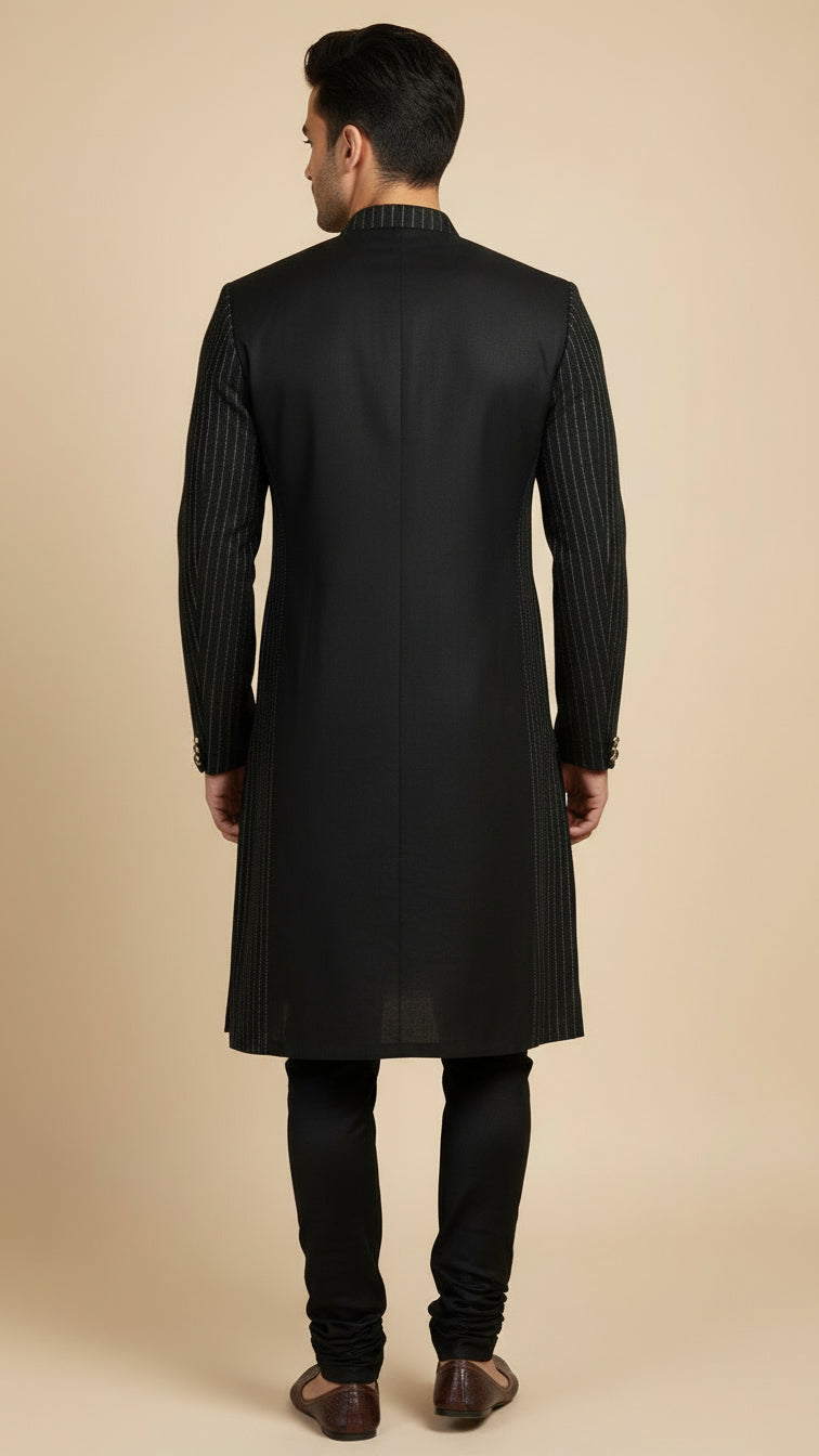 Black Indo-Western Kurta Set with Metallic Pinstripes and Statement Buttons