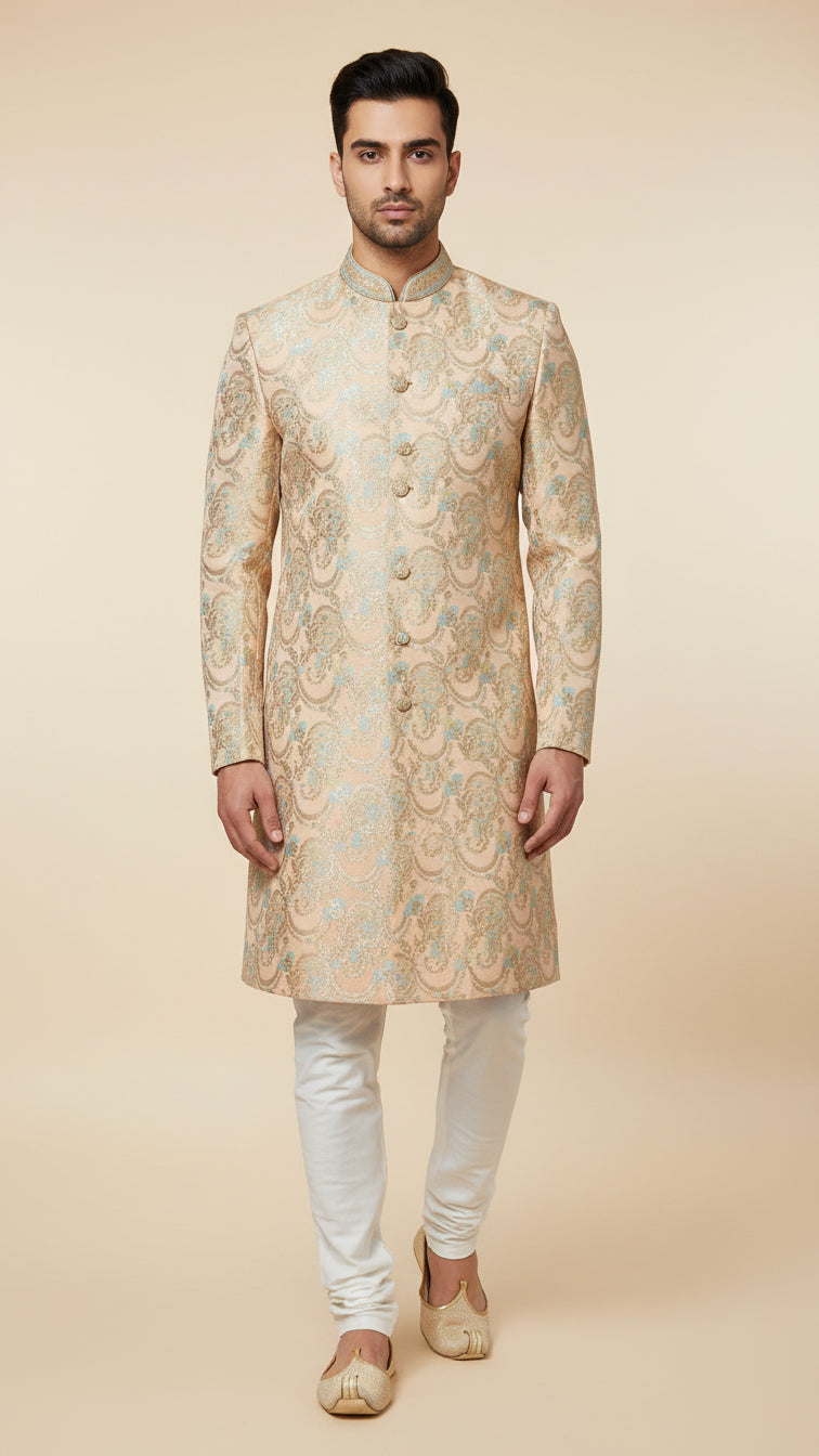 Beige Gold Brocade Indo-Western Set with Intricate Zari Weave – Premium Wedding Menswear