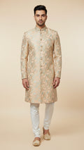 Beige Gold Brocade Indo-Western Set with Intricate Zari Weave – Premium Wedding Menswear