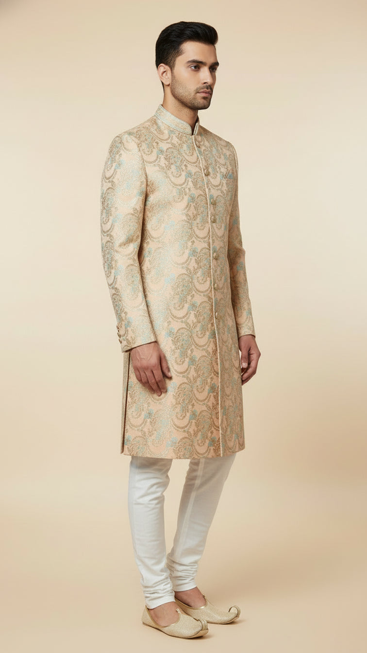 Beige Gold Brocade Indo-Western Set with Intricate Zari Weave – Premium Wedding Menswear
