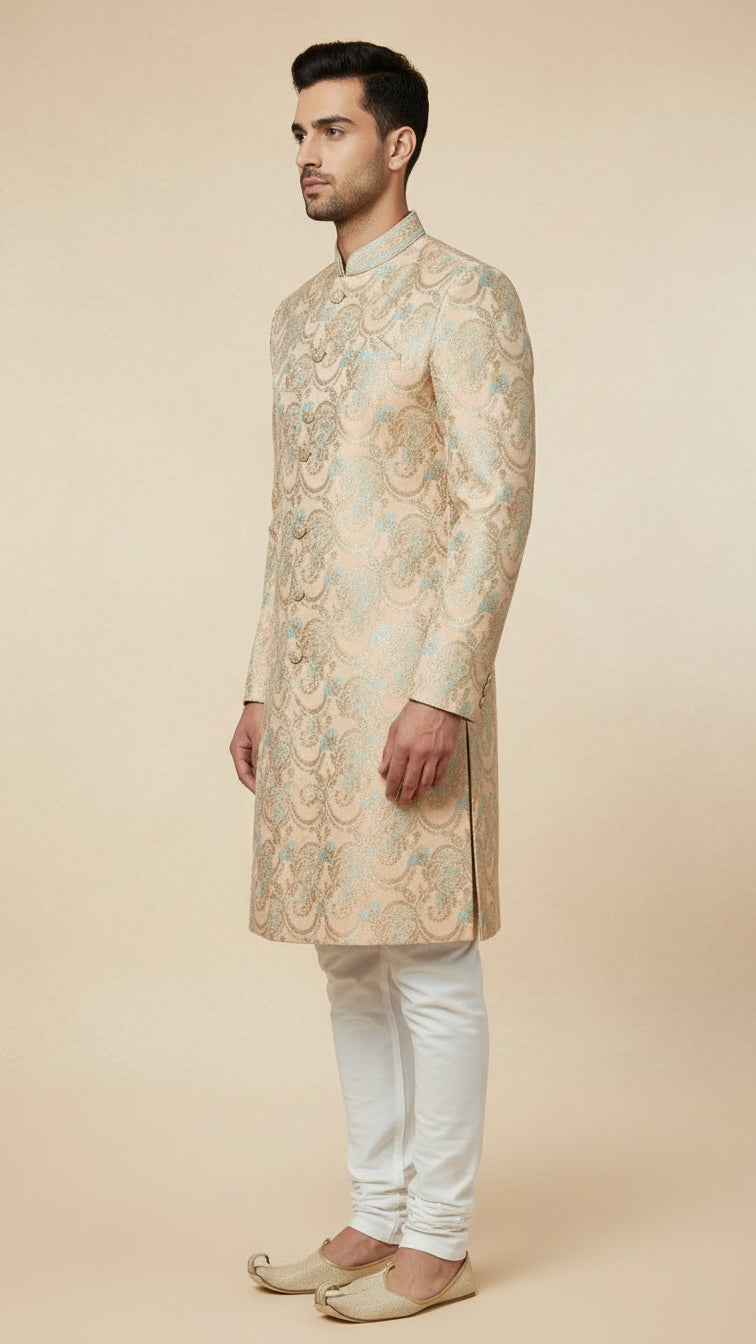 Beige Gold Brocade Indo-Western Set with Intricate Zari Weave – Premium Wedding Menswear