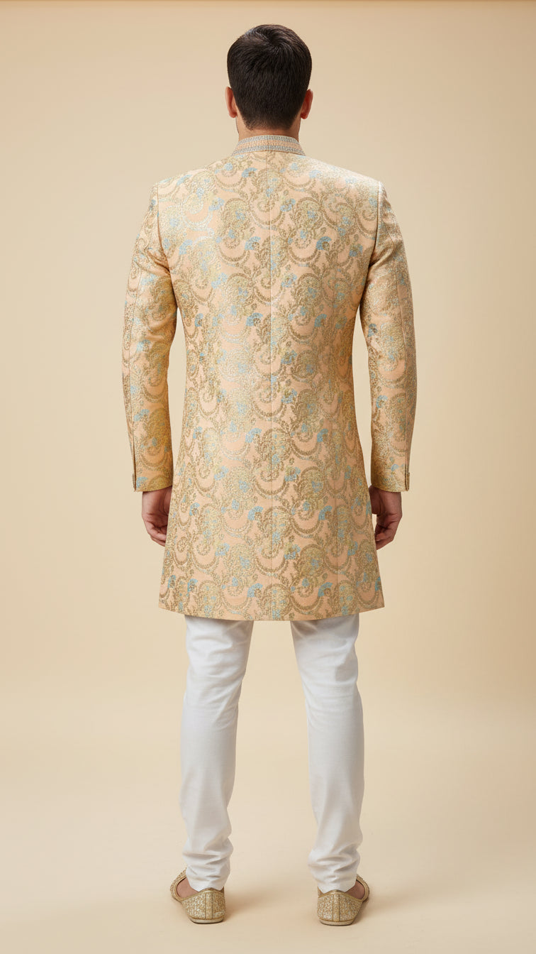 Beige Gold Brocade Indo-Western Set with Intricate Zari Weave – Premium Wedding Menswear