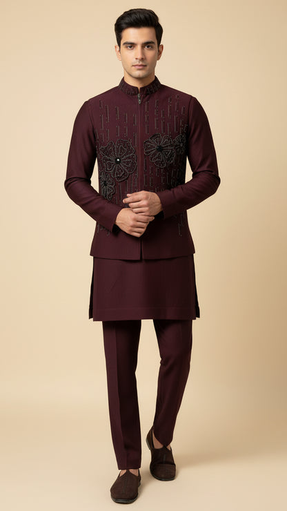 Maroon Thread-Embroidered Kurta Jacket Set