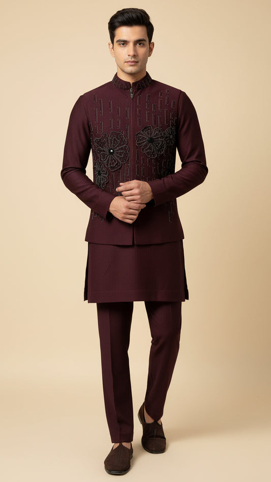 Maroon Thread-Embroidered Kurta Jacket Set