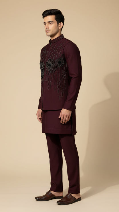 Maroon Thread-Embroidered Kurta Jacket Set