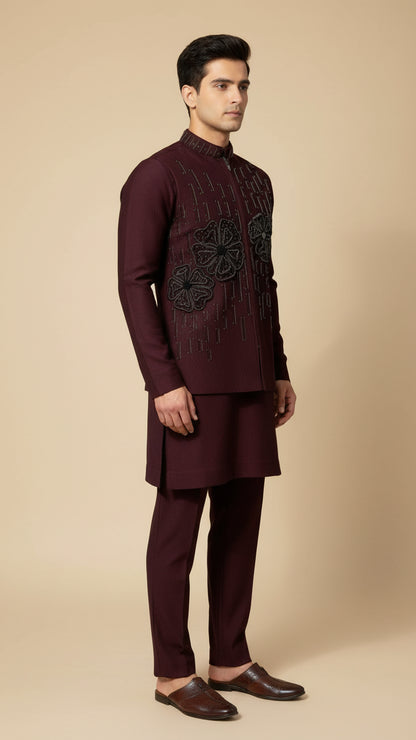 Maroon Thread-Embroidered Kurta Jacket Set