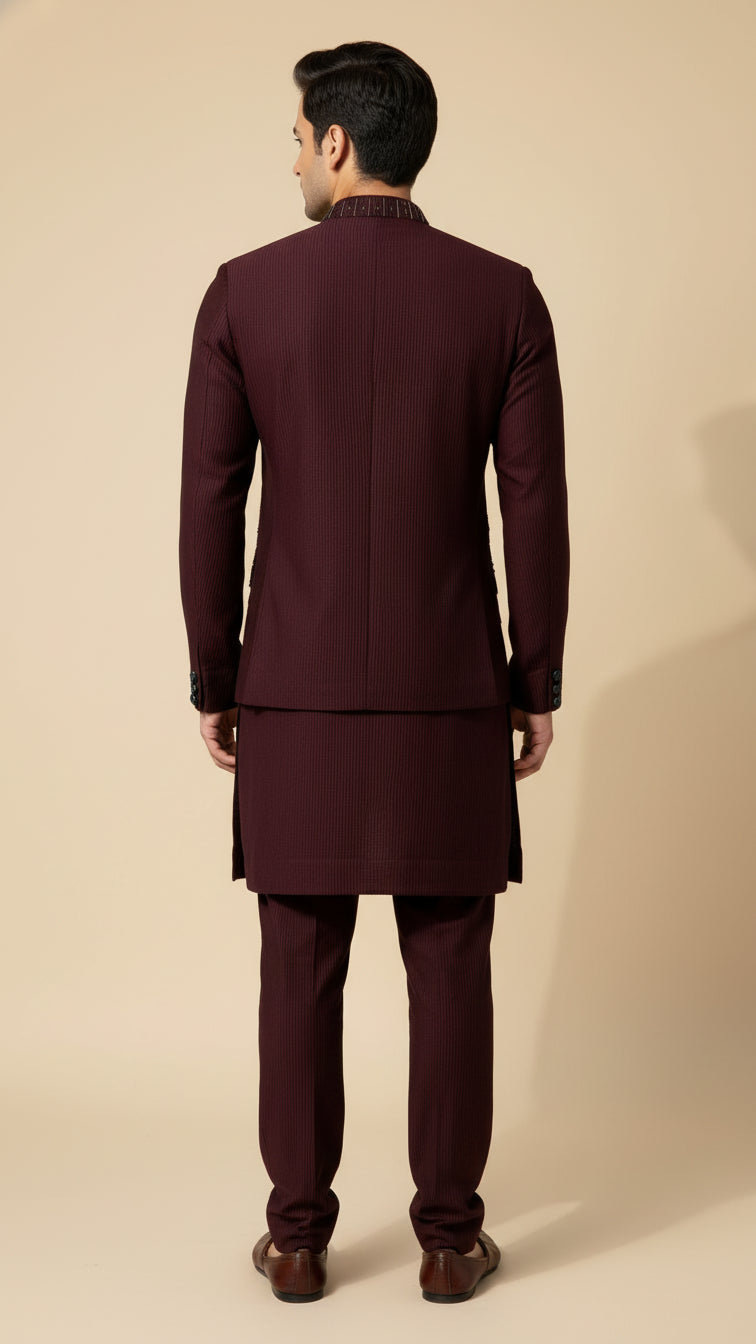 Maroon Thread-Embroidered Kurta Jacket Set