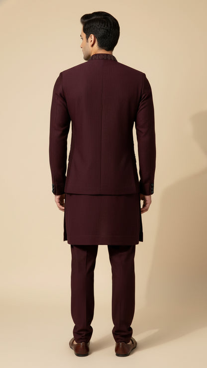 Maroon Thread-Embroidered Kurta Jacket Set