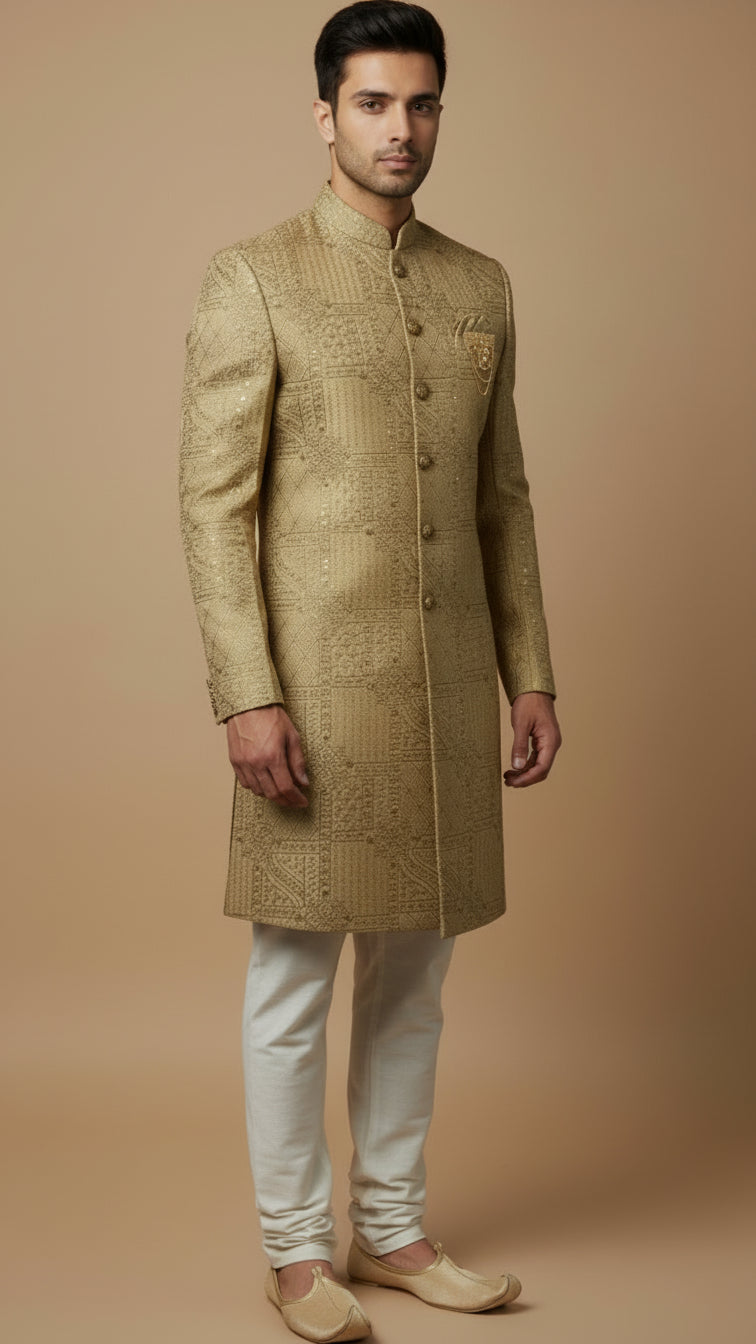 Regal Gold Textured Indo-Western Sherwani with Intricate Embossed Detailing