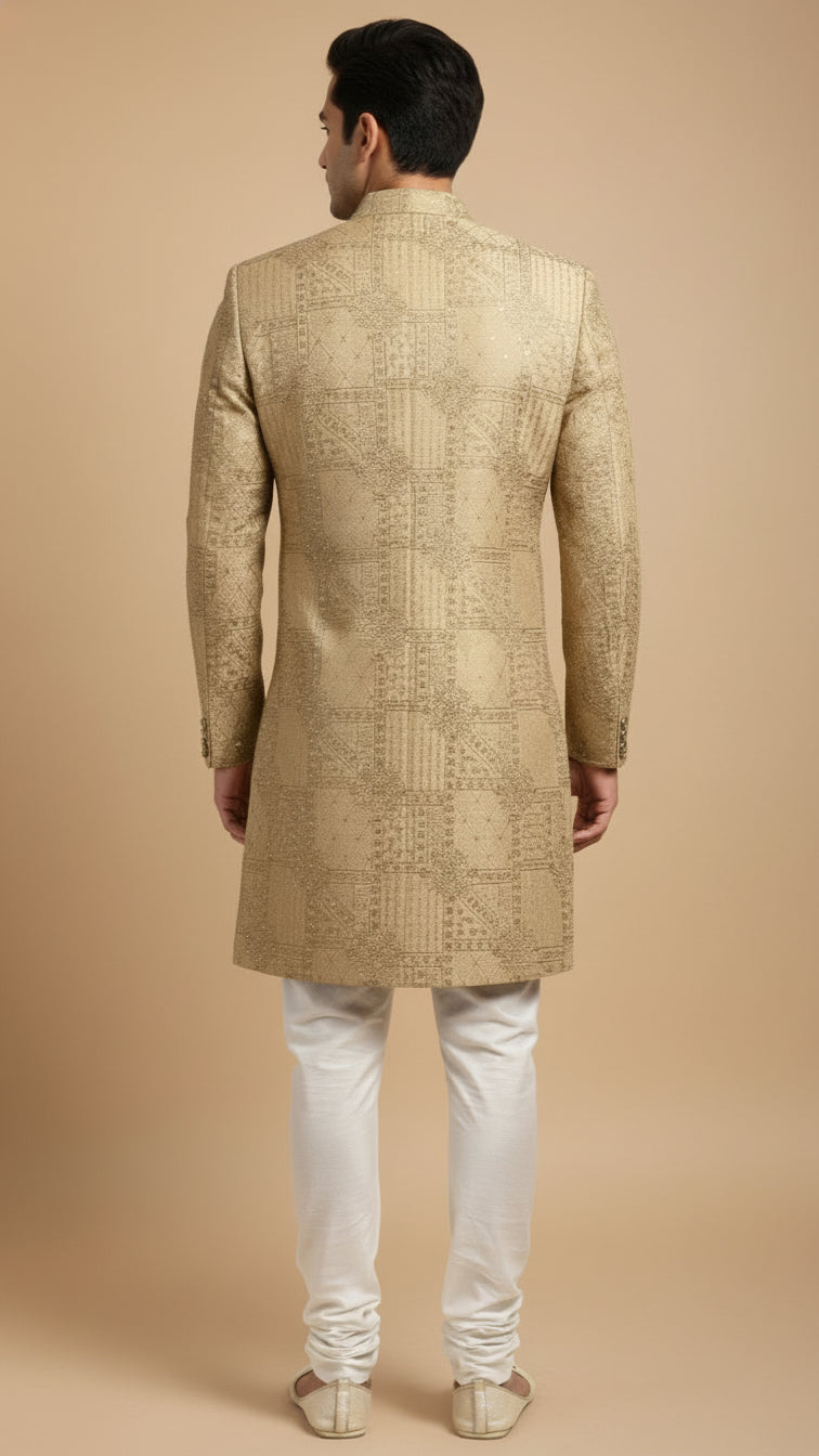 Regal Gold Textured Indo-Western Sherwani with Intricate Embossed Detailing