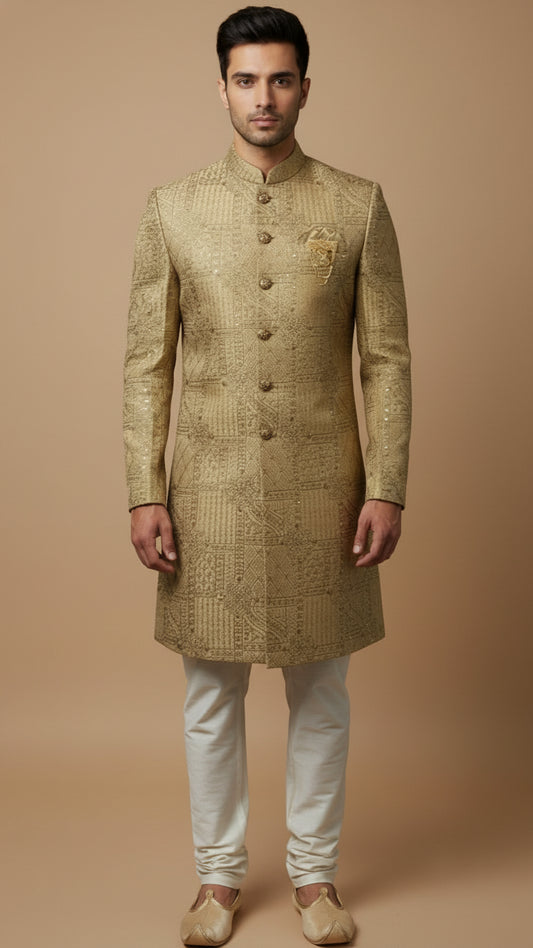 Regal Gold Textured Indo-Western Sherwani with Intricate Embossed Detailing