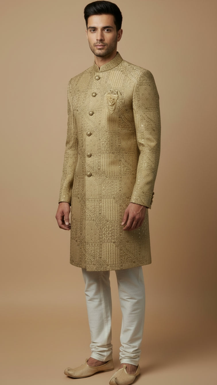 Regal Gold Textured Indo-Western Sherwani with Intricate Embossed Detailing