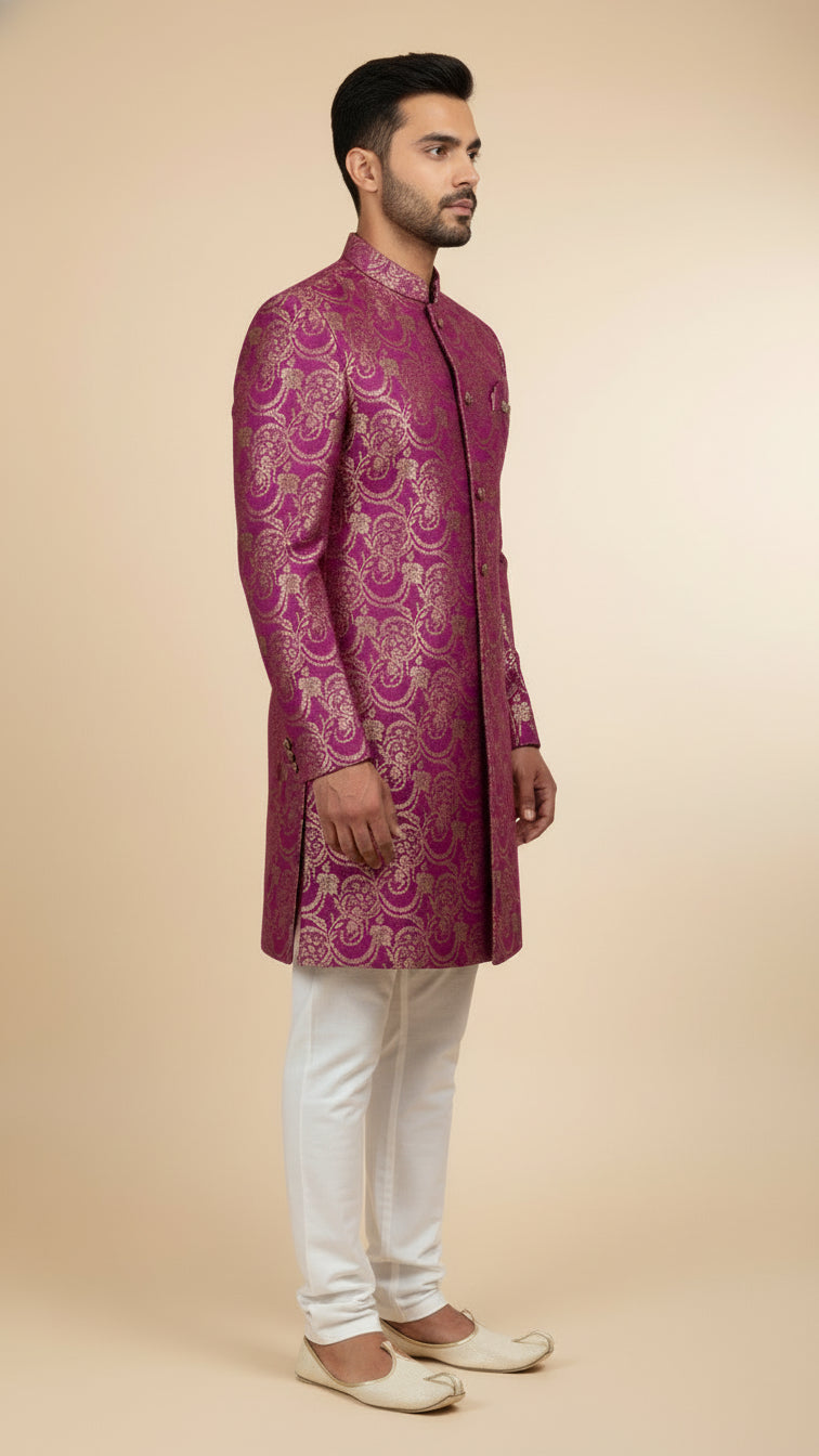 Royal Magenta Brocade Indo-Western Sherwani with Gold Zari Detailing
