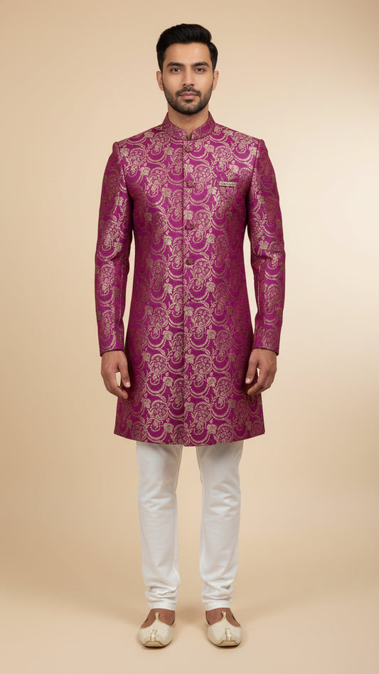Royal Magenta Brocade Indo-Western Sherwani with Gold Zari Detailing