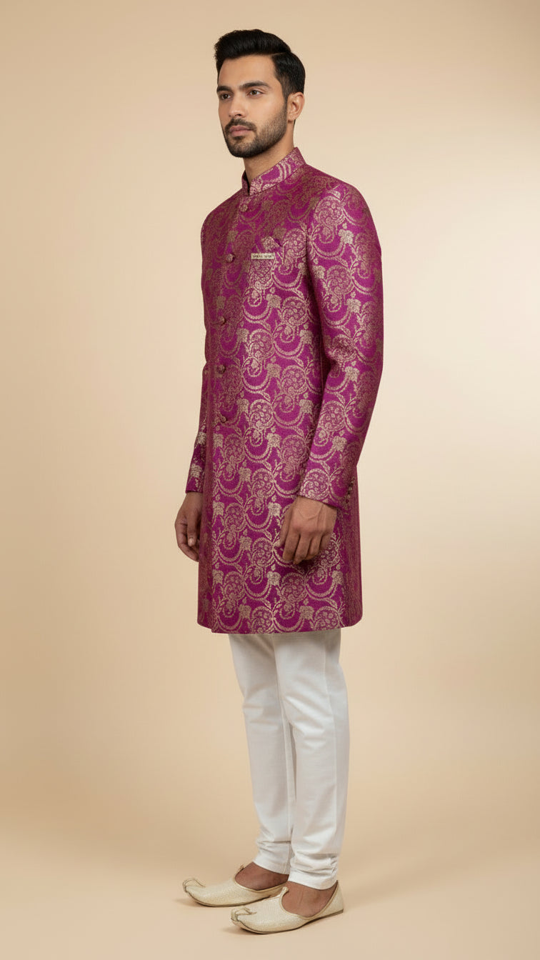Royal Magenta Brocade Indo-Western Sherwani with Gold Zari Detailing