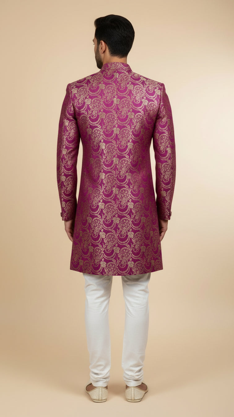Royal Magenta Brocade Indo-Western Sherwani with Gold Zari Detailing
