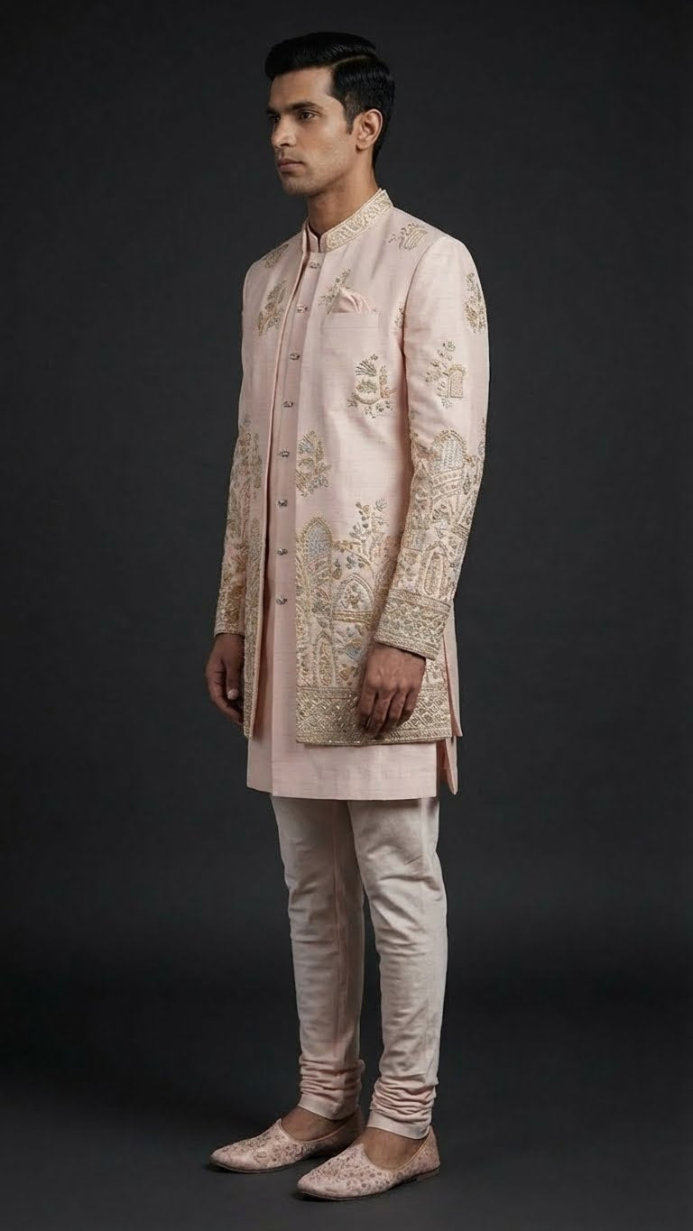 Pastel Peach Embroidered Indo-Western Sherwani with Handcrafted Zari Detailing