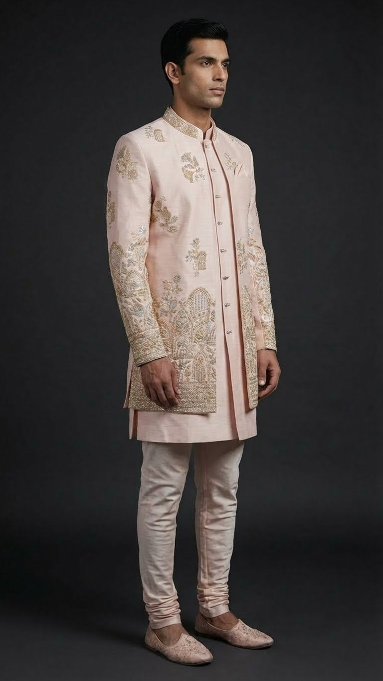 Pastel Peach Embroidered Indo-Western Sherwani with Handcrafted Zari Detailing
