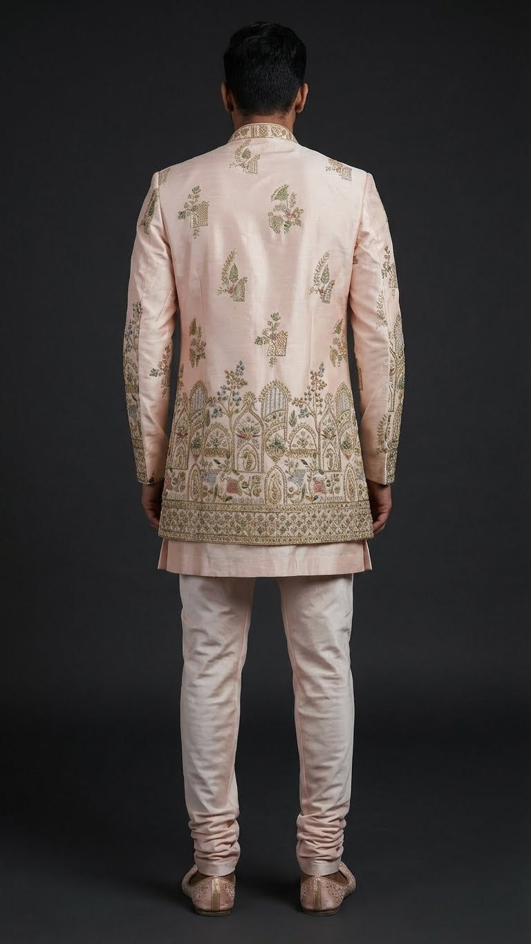 Pastel Peach Embroidered Indo-Western Sherwani with Handcrafted Zari Detailing