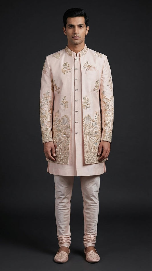 Pastel Peach Embroidered Indo-Western Sherwani with Handcrafted Zari Detailing