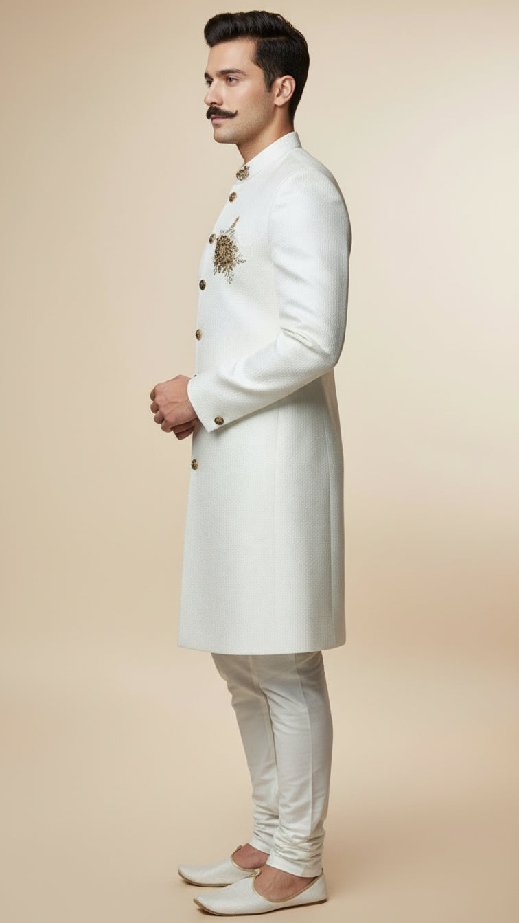 Ivory Textured Indo-Western Sherwani with Antique Buttons & Hand-Embroidered Crest