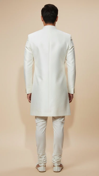 Ivory Textured Indo-Western Sherwani with Antique Buttons & Hand-Embroidered Crest