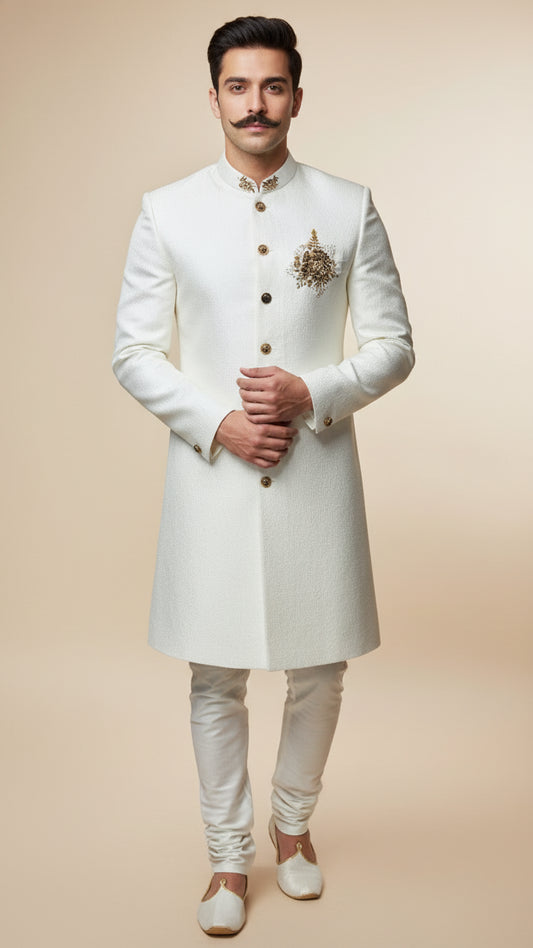 Ivory Textured Indo-Western Sherwani with Antique Buttons & Hand-Embroidered Crest