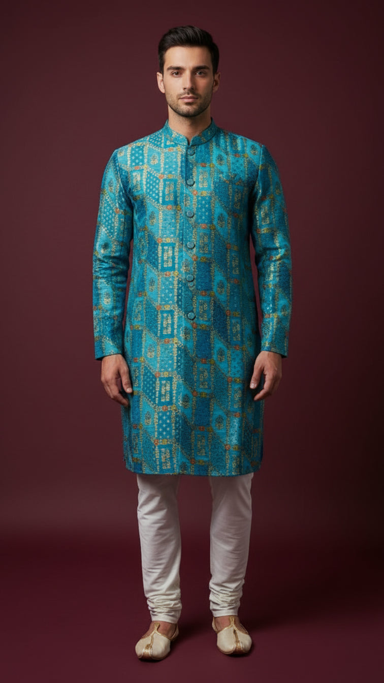 Turquoise Jacquard Indo-Western Kurta with Geometric Gold Weave