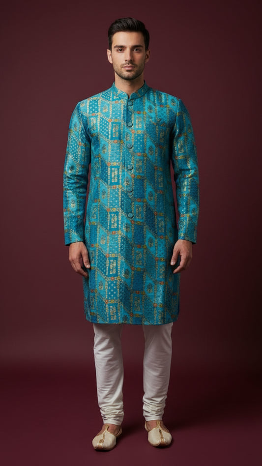 Turquoise Jacquard Indo-Western Kurta with Geometric Gold Weave
